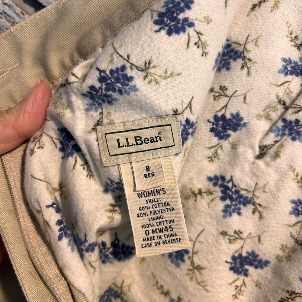 LL Bean Flannel Lined Chino Pants Khaki Tan Floral Print High Rise Tapered 8 Reg - Picture 6 of 7